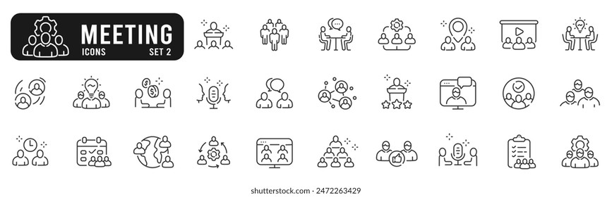 Set of meeting related line icons. Conference, team, group, presentation etc. Set 2