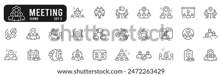 Set of meeting related line icons. Conference, team, group, presentation etc. Set 2