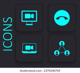 Set Meeting, Video chat conference, Telephone handset and  icon. Black square button. Vector