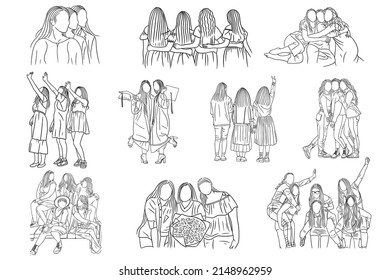 Set Mega-Paket Kollektion von Line Art Happy Frauen Girl Freundschaft Beste Freunde Illustration