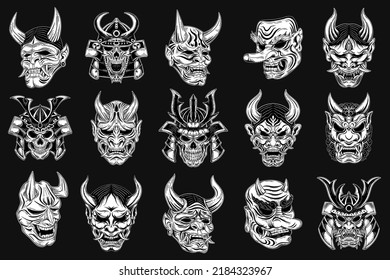 Set Mega Bundle Dark Art Japanese Oni Mask and Death Warrior Skull Tattoo Hand Drawn Engraving Style