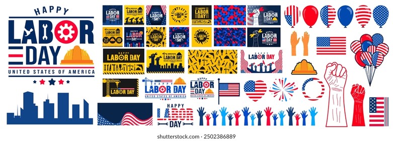 set of mega bundle USA Happy Labor Day celebration construction tools, Safety hard hat, helmet, crane, usa flag, balloon, social media post banner, and background pattern  template. Labour day banner.