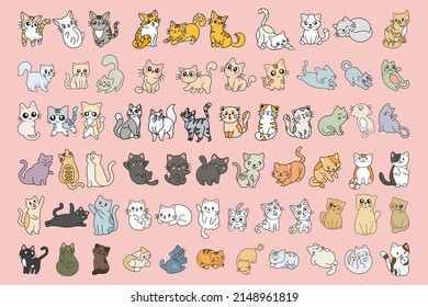 Set Mega Collection Bundle of Cute Cats Kitty Cartoon Animal Pet Character Happy Doodle Clipart flat art illustration