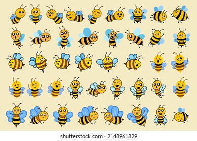Set Mega Collection Bundle Cute Bee Honey Animal with different pose cartoon clipart childish little bee mascot flat design