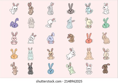 Set Mega Collection Bundle Cute Rabbit Bunny little Kids Baby Animal Cartoon Clipart doodle illustration for kids and children