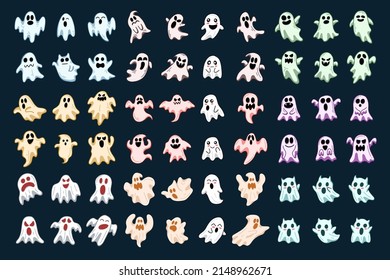 Set Mega Collection Bundle of Cute Ghost Horror Cartoon flat design hand drawn Spooky emoji funny spirit doodle