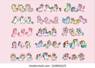 Set Mega Collection Bundle of Cute Colorful Unicorn magic Horse doodle Cartoon Animal Pet Character Happy collection illustration