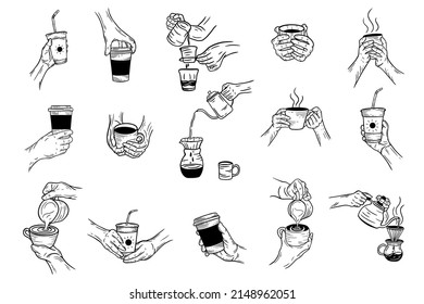 Set Mega Collection Bundle Hand Drawn Hold Coffee Cream beverage Dessert Shop Glass Cup Menu Cafe Restaurants illustration