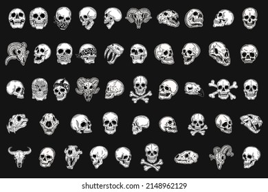 Set Mega Collection Bundle of Hand drawn Skull Bones Head Dark Art with Different Angel Hatching Outline Style illustration