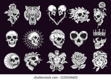 Set Mega Collection Bundle of Hand drawn Skull Bones Head Dark Art with Different Angel Hatching Outline Style illustration