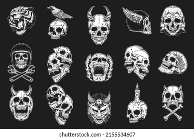 Set Mega Collection Bundle of Hand drawn Skull Devil Demon Oni Mask Head Dark Art with Different Angel Hatching Outline Style illustration