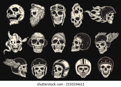 Set Mega Collection Bundle of Hand drawn Skull Rider Helmet Head Dark Art with Different Angel Hatching Outline Style illustration