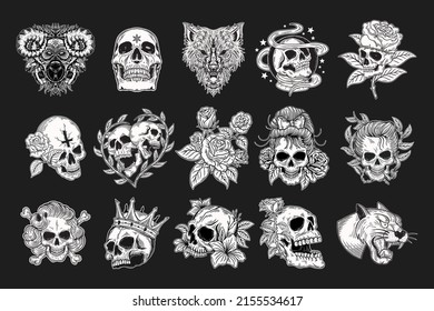 Set Mega Collection Bundle of Hand drawn Skull Rose King Crown Head Dark Art with Different Angel Hatching Outline Style illustration