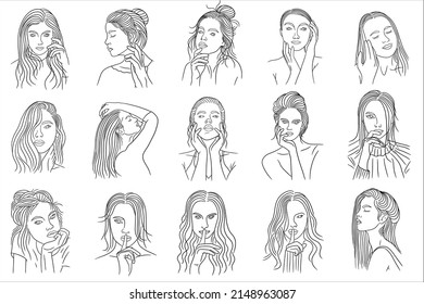 Set Mega Collection Bundle of Women Girl Close up Face Pose Modeling Line Art illustration