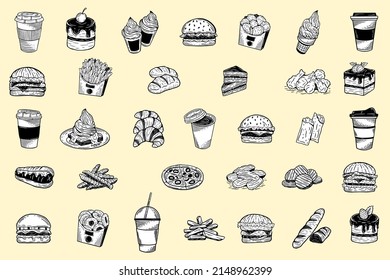 Set Mega Collection Of Hand Drawn French Fries Fry Fast Food Coffee Packaging Menu Cafe Restaurants Illustration