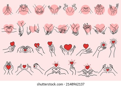 set mega Collection of Women Girl Hand Love Gesture with Hearth Flat line Art Clipart illustration