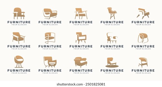 Conjunto de logotipos de sillas de mega muebles, logotipos abstractos de inspiración de sofá interior de silueta. logotipos perfectos para negocios o marca.