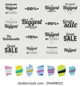 Set of Mega Sale Flyer, Poster or Banner Design with Best Discount Offers. Stylish typographic poster style. Vector template for your print design. Great discount with low prices. End of season.