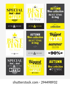 Set of Mega Sale Flyer, Poster or Banner Design with Best Discount Offers. Stylish typographic poster style. Vector template for your print design. Great discount with low prices. End of season.