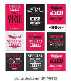 Set of Mega Sale Flyer, Poster or Banner Design with Best Discount Offers. Stylish typographic poster style. Vector template for your print design. Great discount with low prices. End of season.