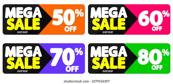 Set Mega Sale tags, banners design template, app icons, 50% off up to 80 percent, vector illustration