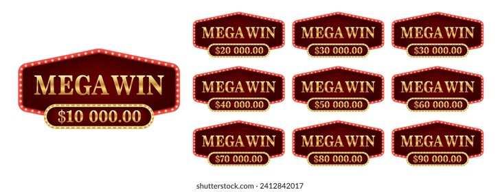 Set Mega Win banner for lottery or casino games. Glow light effect. Shining retro sign Mega Win banner. Frame for winners of poker, cards, roulette, lottery and casino. Vector illustration