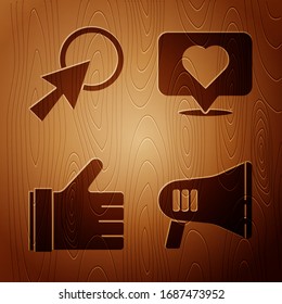 Set Megaphone, Arrow cursor, Hand like and Like and heart on wooden background. Vector