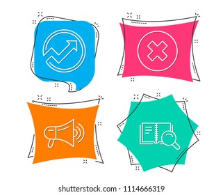 Set of Megaphone, Audit and Close button icons. Search book sign. Advertisement, Arrow graph, Delete or decline. Online education.  Flat geometric colored tags. Vivid banners. Trendy graphic design