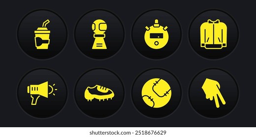 Set Megaphone, Baseball t-shirt, boot, Stopwatch, Award cup with baseball, glove and Paper glass water icon. Vector