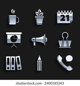 Set Megaphone, Binder-Clip, Office-Ordner mit Papierdokumenten, Präsentation Finanzboard-Diagramm, Plan, Diagramm, Diagramm, Infografik, Kuchen-Diagramm, Kalender und Cup der Teeblatte Symbol. Vektorgrafik