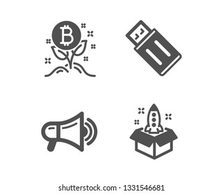 Set of Megaphone, Bitcoin project and Usb flash icons. Startup sign. Advertisement, Cryptocurrency startup, Memory stick. Innovation.  Classic design megaphone icon. Flat design. Vector