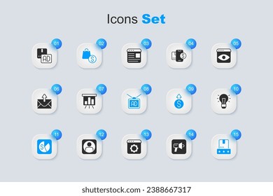 Set Megaphone, Board with graph chart, shopping bag and dollar, Market analysis, Consumer product rating, Light bulb, Advertising and  icon. Vector