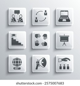 Set Megaphone, Boss with employee, Chalkboard, Project team base, Worldwide, Stair finish flag, Two sitting men talking and Laptop icon. Vector
