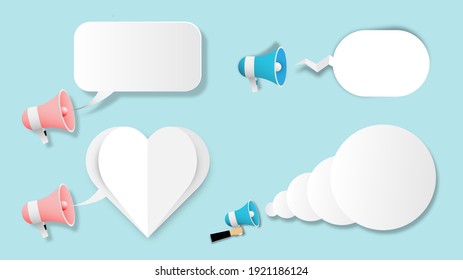 Set of megaphone with bubble speech in paper cut out style vector illustration