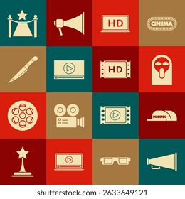 Set Megaphone, Cap with inscription director, Funny and scary ghost mask, Laptop screen HD video technology, Online play, Knife, Carpet barriers star and 4k movie, tape, frame icon. Vector