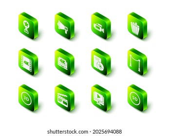 Set Megaphone, Cinema camera, Popcorn box, Carpet with barriers, 5d virtual reality, CD DVD disk, Online play video and Movie clapper icon. Vector