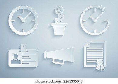 Set Megaphone, Clock with arrow, Identification badge, Certificate template, Dollar plant in the pot and  icon. Vector
