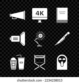 Set Megaphone, Computer PC monitor with 4k video technology, Scenario, Popcorn and soda drink glass, Director movie chair, Funny scary ghost mask, Movie spotlight and Table lamp icon. Vector