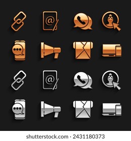 Set Megaphone, Create account screen, Monitor and, Envelope, Chat messages notification, Telephone with speech bubble chat, Chain link and Mail e-mail icon. Vector