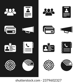 Set Megaphone, Credit card, Users group, Identification badge,  and Phone book icon. Vector