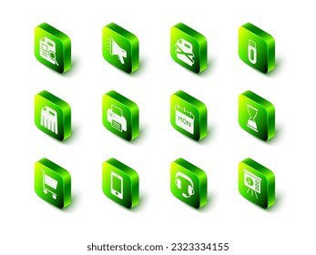 Set Megaphone, Delete file document, USB flash drive, Old hourglass, Board with graph, Calendar, Headphones and Mobile icon. Vector