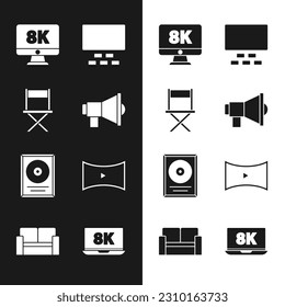Set Megaphone, Director movie chair, Monitor with 8k, Cinema auditorium seats, CD disk award frame, Online play video, Laptop and  icon. Vector