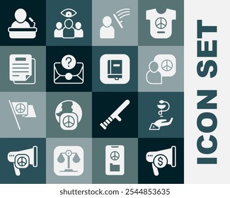 Set Megaphone and dollar, Caduceus snake medical, Peace talks, Police beat human, Envelope with question mark, Document, Speaker and Law book icon. Vector
