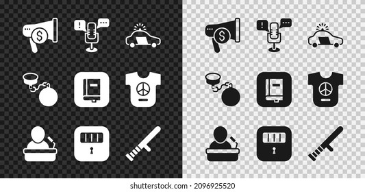Establezca Megáfono y dólar, Libertad de expresión, Lavaparabrisas de coches de la policía, Portavoz, Puerta de la Celda de la Prisión, Bóveda de goma, Cadena de bolas e icono del libro de leyes. Vector