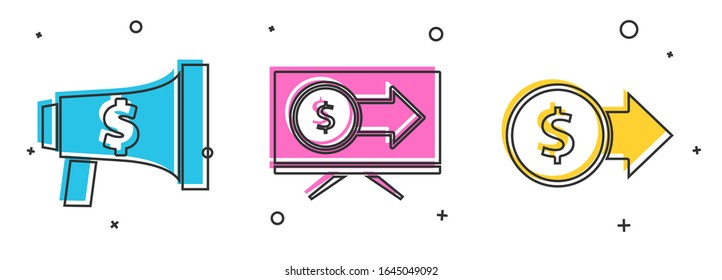 Set Megaphone and dollar, Monitor with dollar and Coin money with dollar symbol icon. Vector