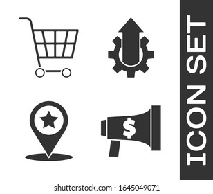 Set Megaphone and dollar, Shopping cart, Map pointer with star and Arrow growth gear business icon. Vector