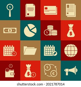 Set Megaphone, Earth globe, Money bag, Credit card, Pie chart infographic, Stacks paper money cash, Magnifying glass and dollar symbol and Coin with icon. Vector