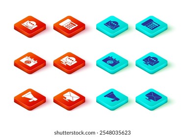 Set Megaphone, Envelope, Calendar with email, Chat messages notification monitor, Telephone and laptop icon. Vector