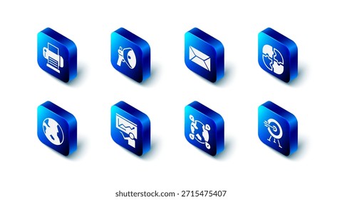 Set Megaphone, Envelope, Piece of puzzle, Target with arrow, Location the globe, Training, presentation, Earth and Printer icon. Vector
