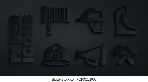 Set Megaphone, Fire boots, Firefighter helmet, axe,  and hose reel icon. Vector